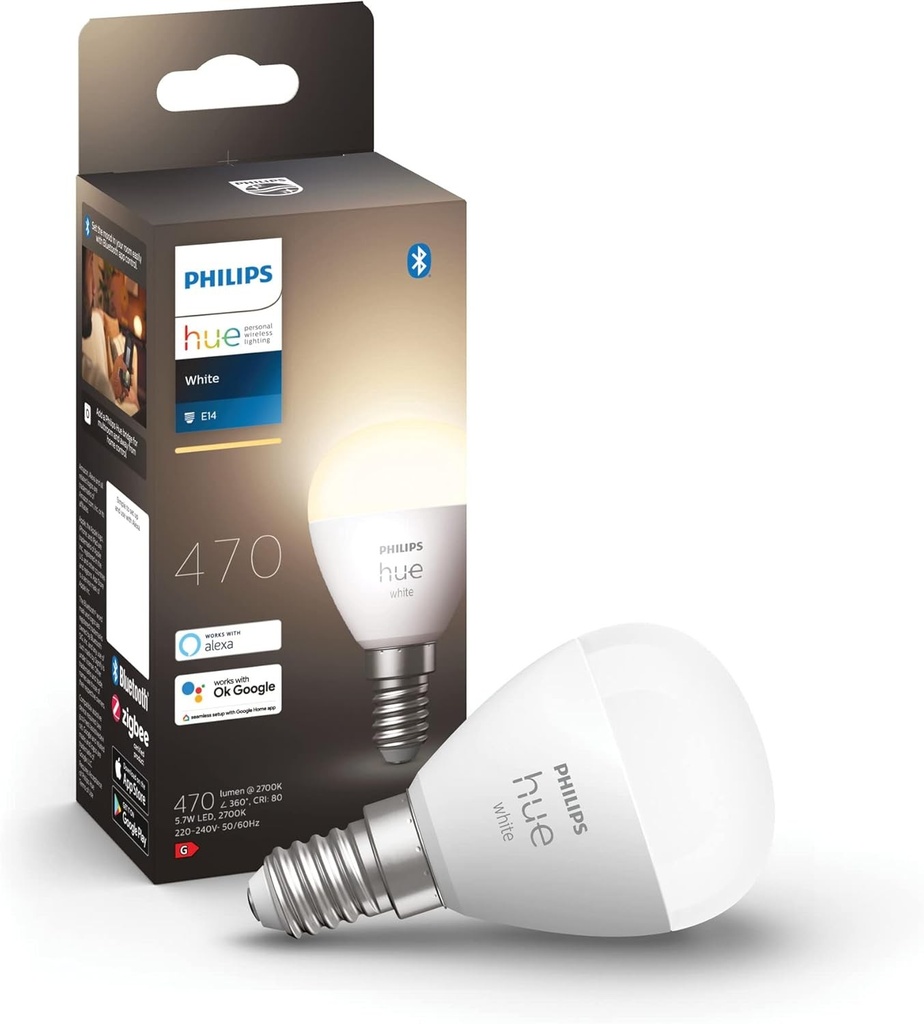 Candelabru LED Philips Hue White E14 cu forma de picatura, pachet individual, reglabil intensitatea luminii, lumina alba calda, controlabil prin aplicatie, compatibil cu Amazon Alexa (Echo, Echo Dot), pachet de 1