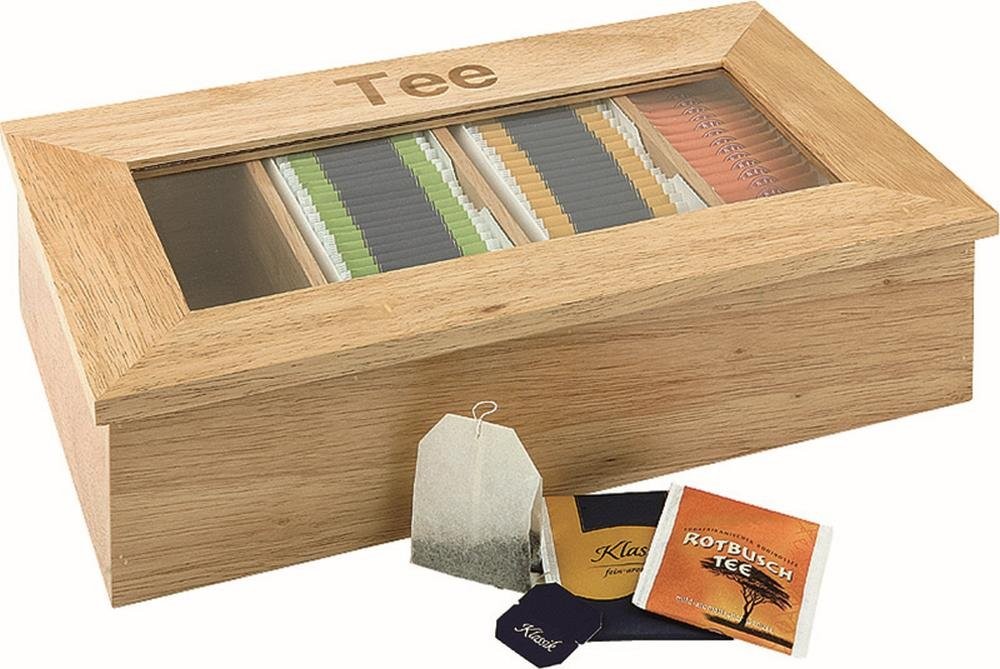 Cutie de ceai APS 11575 - Cutie de ceai premium din lemn cu fereastra de vizualizare si 4 compartimente pentru pliculete de ceai, capacul ramane deschis, naturala, 4 compartimente a cate 30 de pliculete de ceai fiecare