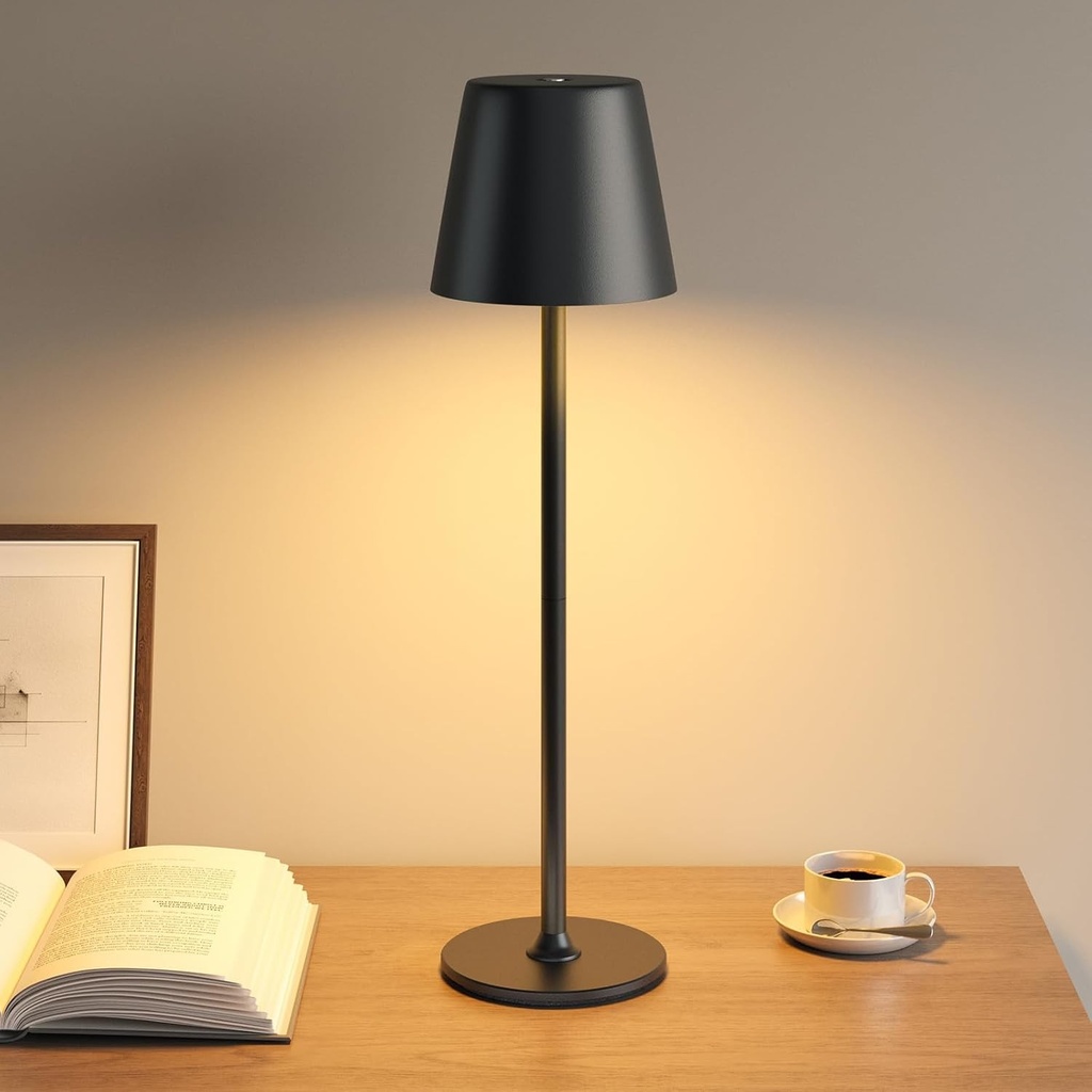 Lampa de noapte UPXNBOR, lampa de masa tactila LED, lampa de masa reincarcabila fara fir cu USB, luminozitate reglabila pe 3 niveluri, impermeabila IP54, carcasa complet metalica, alimentare cu baterie duala, neagra