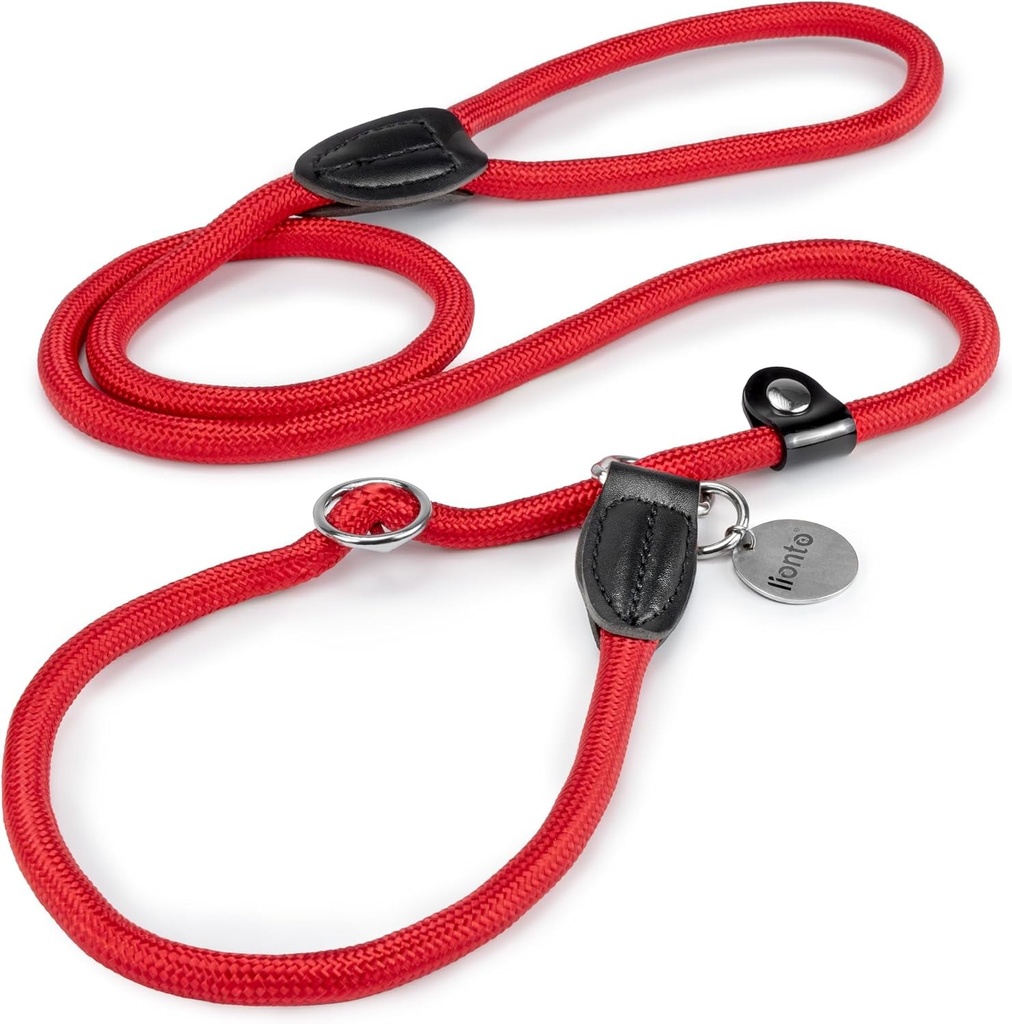 Lesa Lionto, rezistenta si rezistenta la intemperii, pentru caini de toate marimile, lesa si zgarda intr-unul singur, 170 cm, delicata cu blana, cu opritor incorporat, vegana, rosie