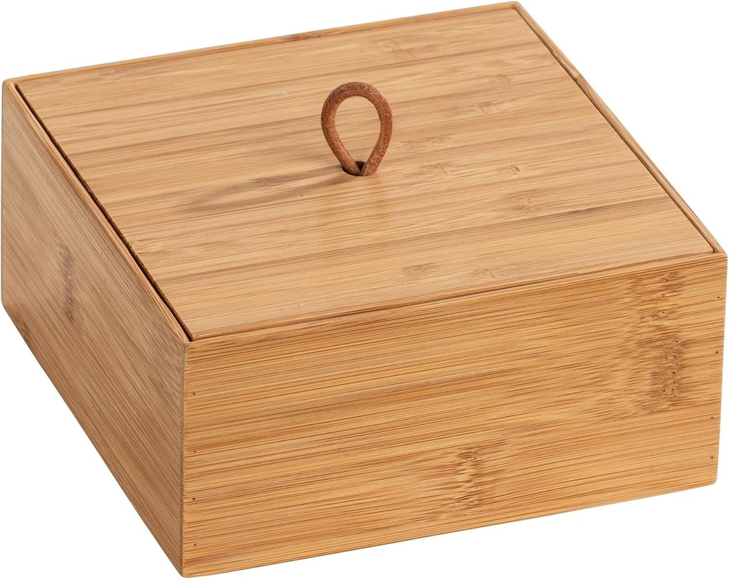 WENKO Cutie organizatoare din bambus Terra cu capac M, pentru bucatarie, baie si intreaga gospodarie, pentru articole de baie, ustensile de bucatarie sau dulciuri, cu bucla practica, 15 x 7 x 15 cm, Natural