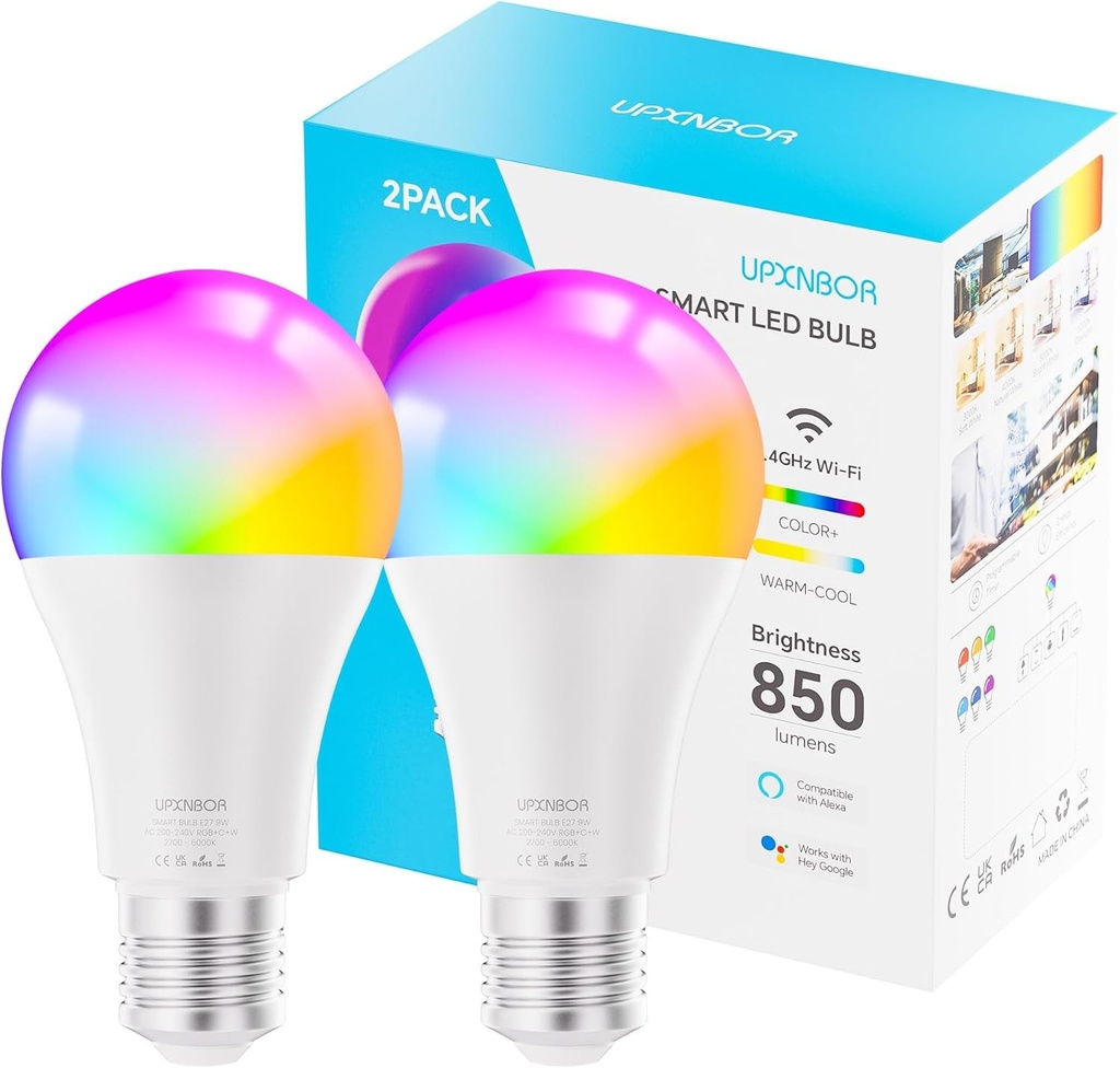 Bec inteligent UPXNBOR E27, lampa LED WiFi RGBWW reglabila cu 16 milioane de culori, 850 lm, accesoriu Alexa Smart Home, compatibil cu Alexa si Google Assistant, 2,4 GHz, pachet de 2