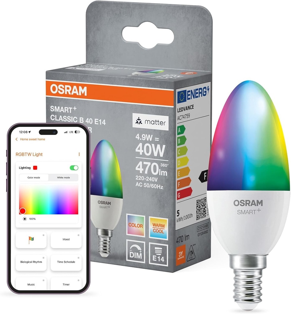 Bec LED Osram SMART+ Matter B40 forma de lumanare 4.9W E14 RGBW, reglabil, control prin aplicatie si voce, compatibil cu Alexa, Google, Apple, WiFi