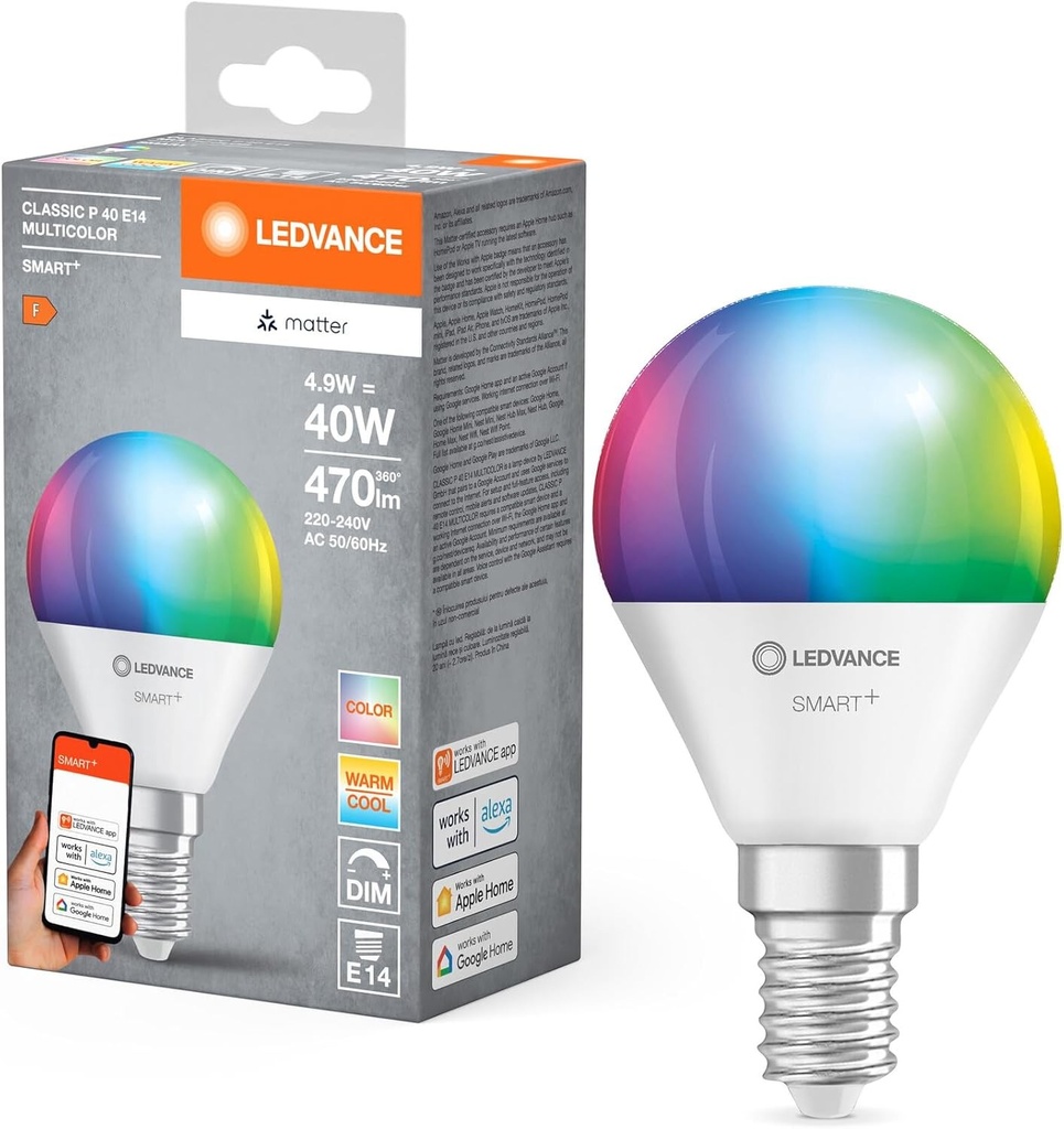 Bec LED LEDVANCE SMART+ MATTER, compatibil cu Google, Alexa, Apple, finisaj alb mat, 4,9 W, 470 lm, E14, lumina colorata si lumina alba, control prin aplicatie sau vocal, durata de viata de pana la 20.000 de ore, pachet individual