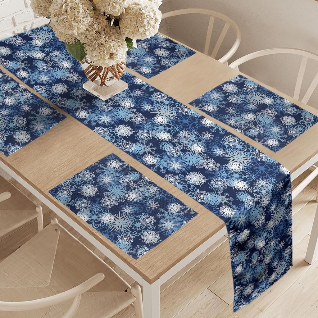 ABAKUHAUS Traversa de masa alb-negru si 4 servetele, fundal de culoare uni cu model diagonal in forma de patrat - set geometric modern pentru decorarea mesei, 180 x 40 cm, alb si negru