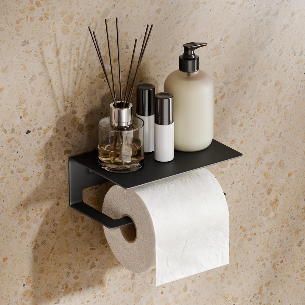 Suport pentru hartie igienica S'AFIELINA cu raft, otel inoxidabil 304, montare pe perete cu adeziv sau suruburi, 16x11.1x6 cm, nu necesita gaurire, suport pentru hartie igienica cu raft, negru mat