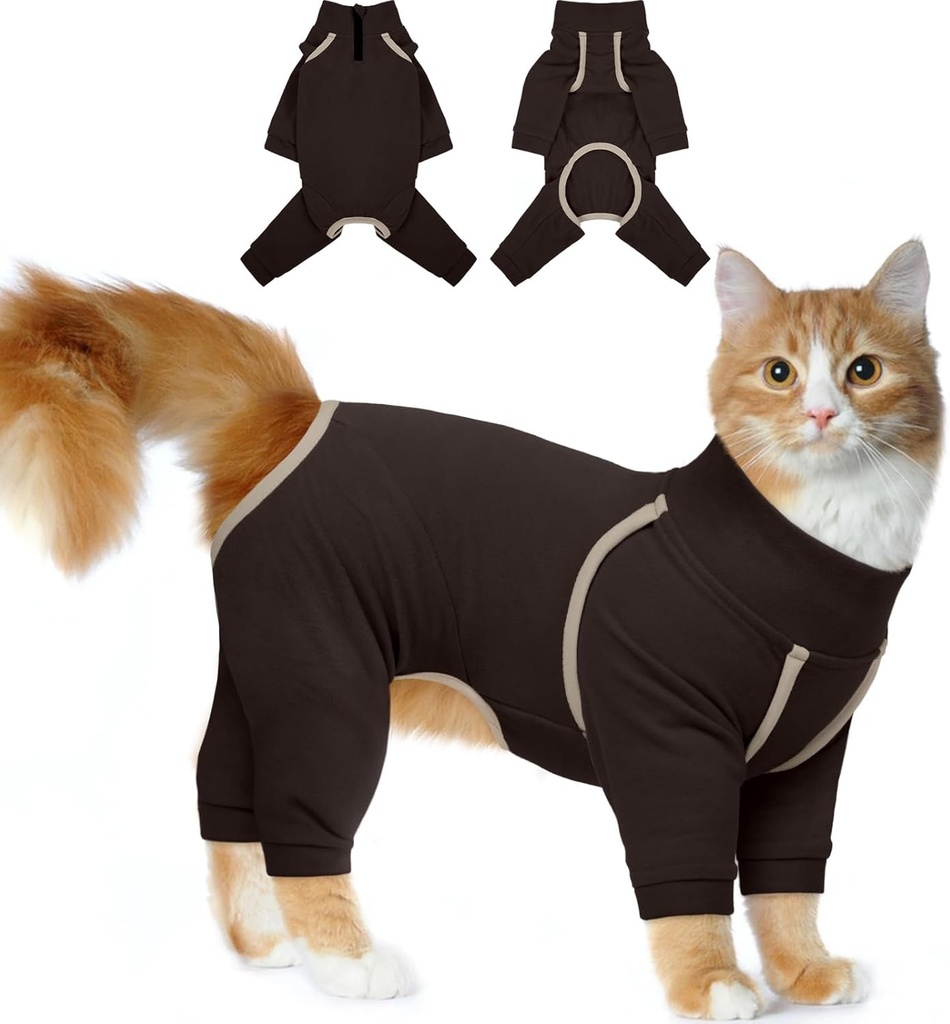 Pulover pentru pisici Katzinst, haine lipicioase cu blana pentru pisici cu fermoare, pijamale pentru pisici, haine pentru pisici cu 4 picioare, prevenirea caderii parului, body cu maneca lunga pentru pisici, (cafea, XL)