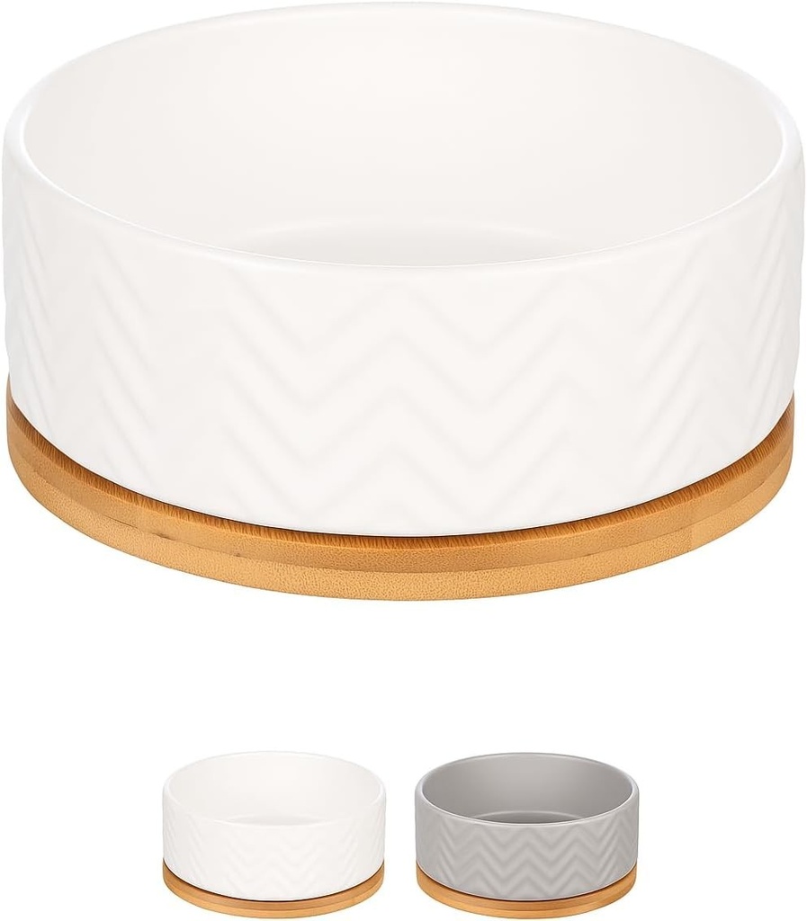 Bol pentru caini Flamingo Bianco 990 ml, alb - antiderapant - boluri ceramice glazurate intr-un suport de bambus - 16cm x 6cm x 7cm