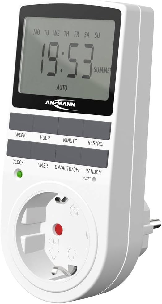 Temporizator digital ANSMANN cu 10 timpi de comutare, afisaj LCD, functie aleatorie, functie de ora de vara, 3680W, temporizator saptamanal, alb
