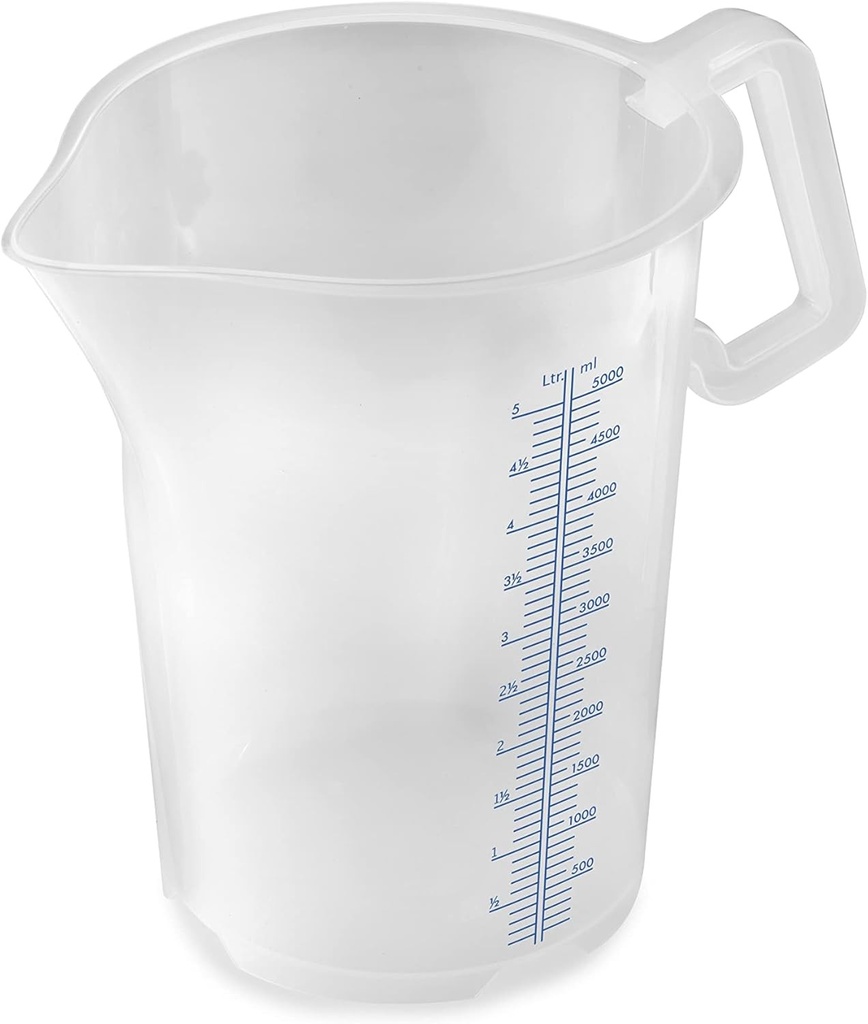 Pahar gradat Thermohauser cu maner inchis, 5000 ml, plastic PP, scala albastra in litri si mililitri 8300040091 Transparent