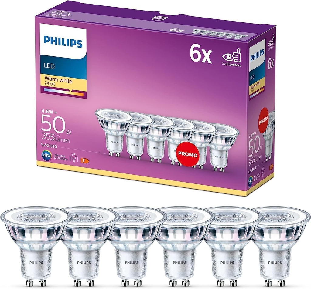 Philips LED classic, Bec echivalent 50 W, GU10, Set de 6, Alb cald (2700 Kelvin), 355 lumeni, Reflector