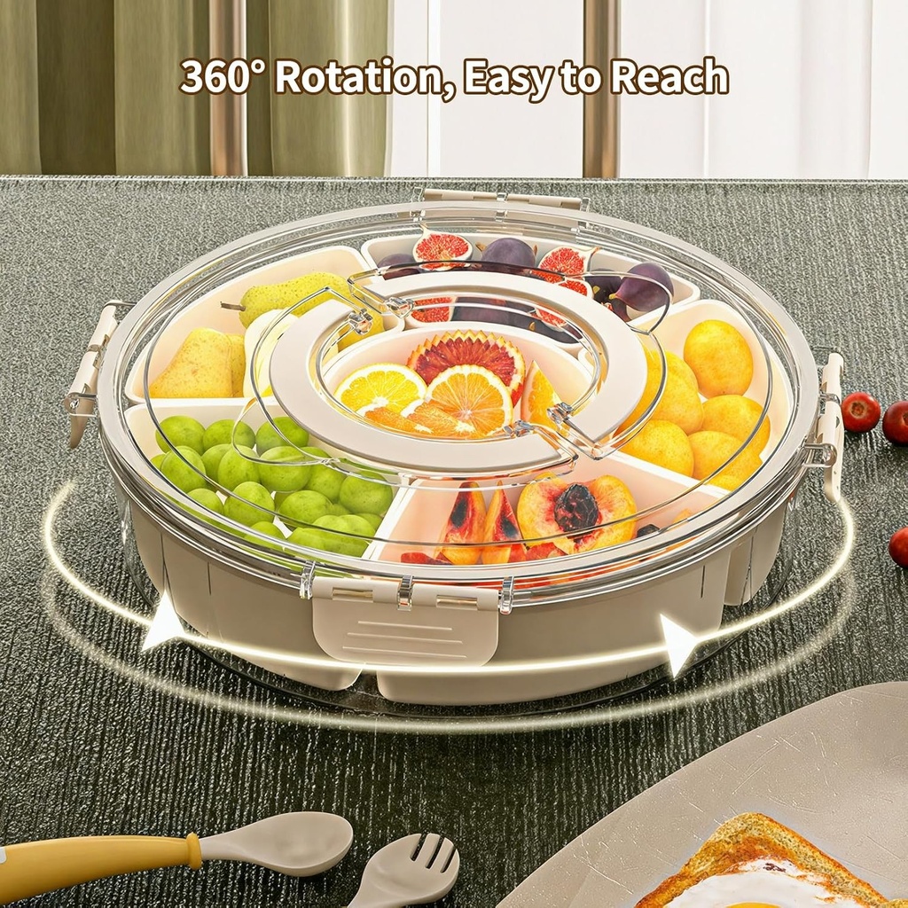 Cutie pentru gustari Leerweii cu compartimente, farfurie pentru gustari cu capac si maner, cutie pentru gustari rotativa la 360°, organizator pentru gustari, dulciuri, nuci, fructe, condimente, pentru petreceri, picnicuri si excursii