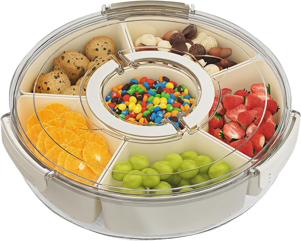 Cutie pentru gustari Leerweii cu compartimente, farfurie pentru gustari cu capac si maner, cutie pentru gustari rotativa la 360°, organizator pentru gustari, dulciuri, nuci, fructe, condimente, pentru petreceri, picnicuri si excursii