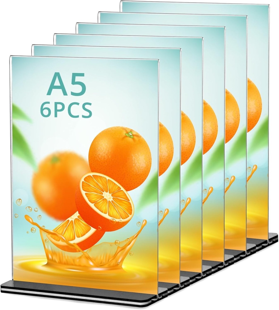 Suporturi de masa acrilice QWORK® A5, format din 6 piese, cu baze solide, suporturi acrilice fata-verso pentru birou, restaurant, cafenea, magazin, nunta