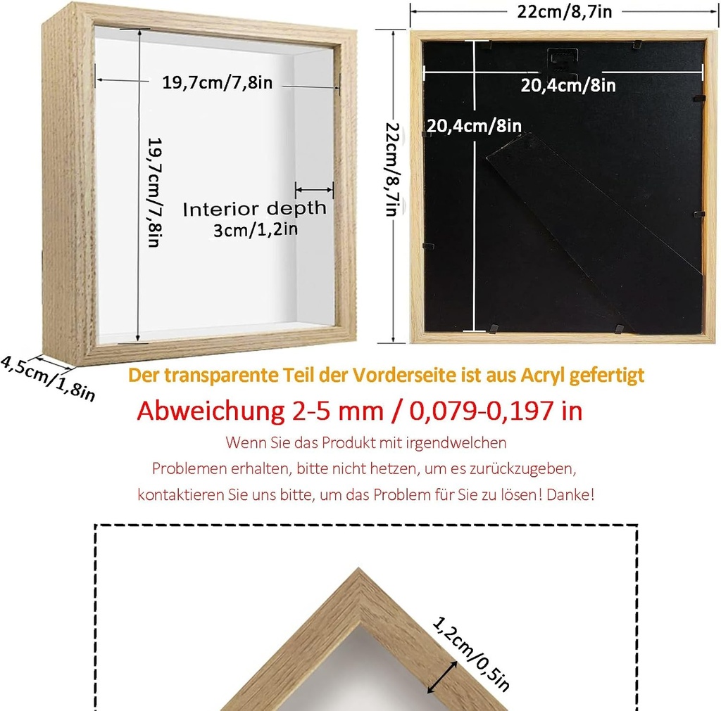 Rama foto 3D, rama foto umplubila adanca 20 x 20 cm, cu panou acrilic transparent, rama pentru obiecte 3D adanca 3 cm, rama foto umplubila 3D, decor de perete stereoscopic, culoare lemn