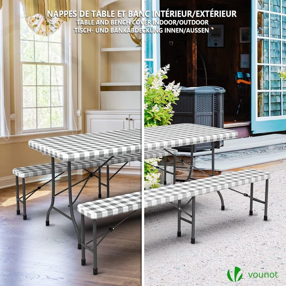 VOUNOT Set de 3 fete de masa pentru exterior, fata de masa dreptunghiulara elastica pentru gradina, potrivita pentru gradina, balcon si camping, lavabila, stergabila, rezistenta la intemperii, 183 cm