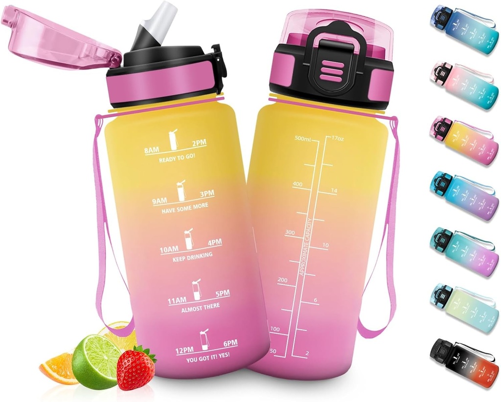 Sticle de apa HoneyHolly pentru copii, 500 ml, sticla de apa fara BPA cu marcaj de timp, sticla de apa din plastic pentru sport motivational cu pai, canistra pentru scoala, ciclism
