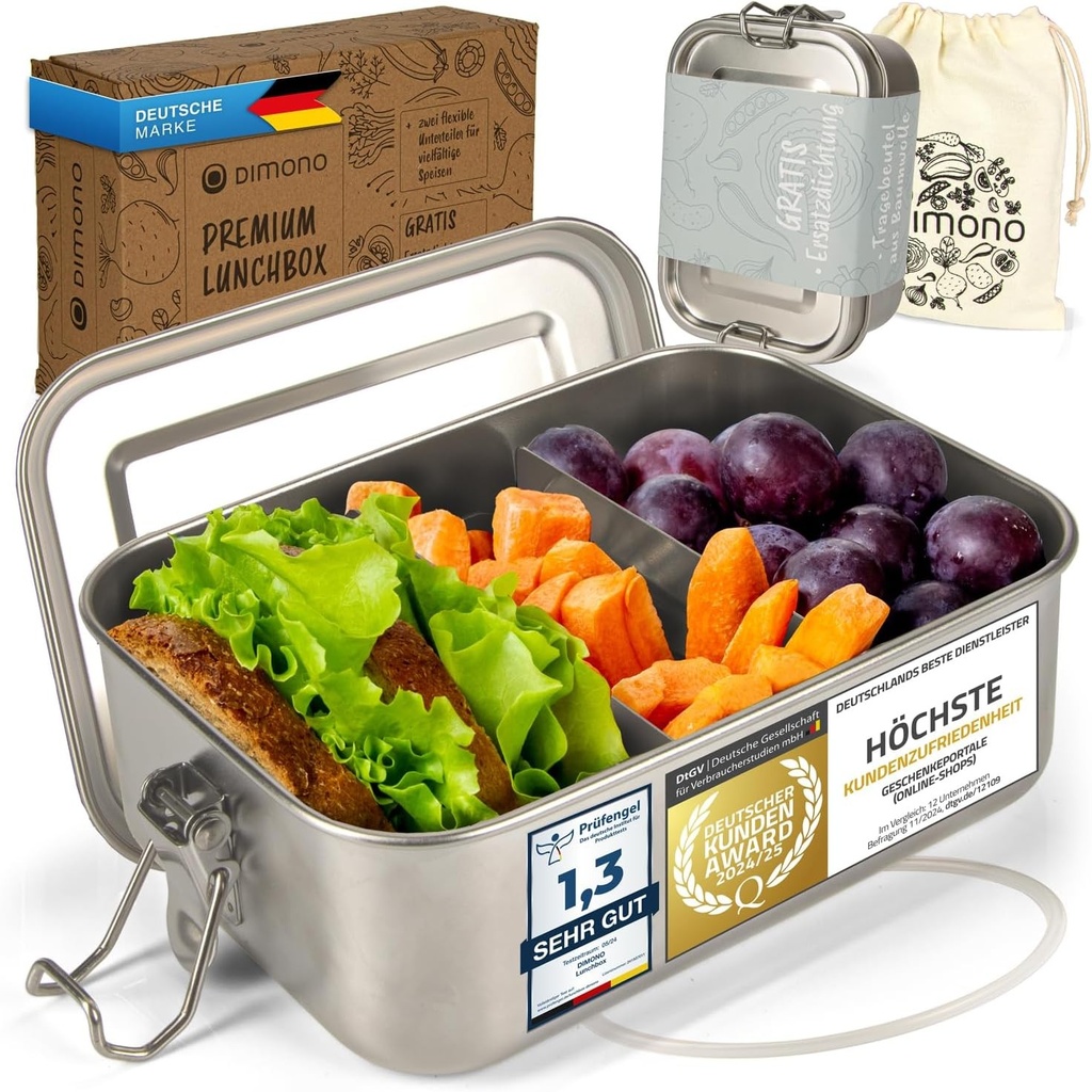 Dimono® Lunchbox, 850 ml, cutie Bento etansa, otel inoxidabil; recipient impermeabil si sustenabil cu compartimente si etansari