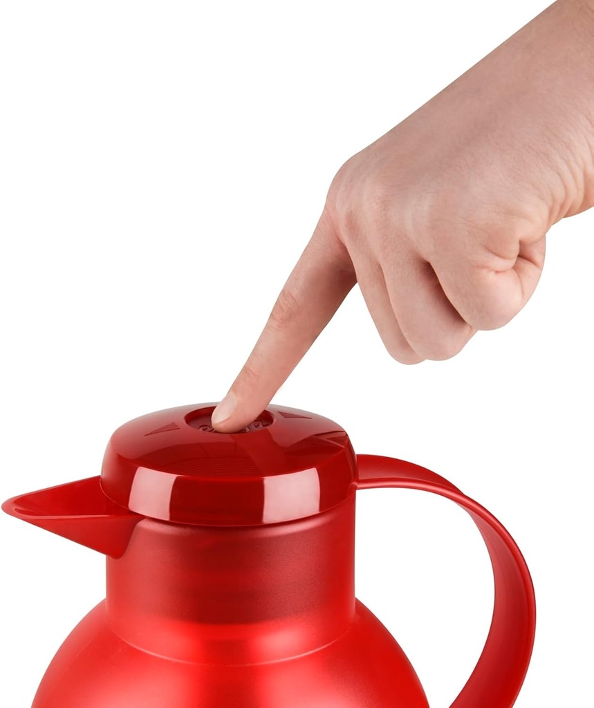 Cana termos Emsa Samba, 1 litru, fabricata in Germania, mentine bauturile calde timp de 12 ore, reci timp de 24 de ore, usor de utilizat, termos, cana termos pentru cafea sau ceai, rosie, 504232