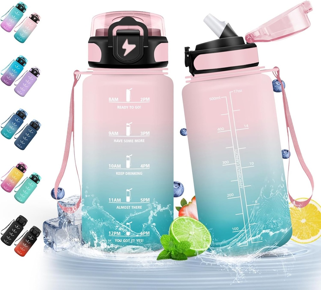 Sticla de apa HoneyHolly cu pai, 500 ml, fara BPA si etansa, sticla de apa motivationala cu cronometru, sticla mica pentru sala, scoala, ciclism, activitati in aer liber, sport