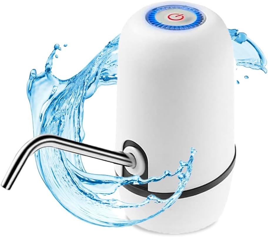 Dozator automat de apa imbuteliata NK - Incarcator USB, Otel inoxidabil, Fara BPA, Apa rece, 1200mAh, Carafe si sticle 1.5L, 5.7L, 10L, 11.3L, 15L, 18.9L, Alb (2 adaptoare 3.8 si 4.8cm)