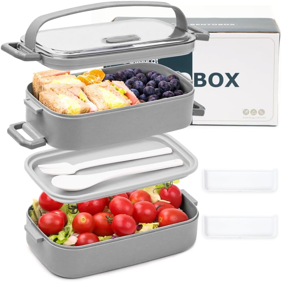 Bugucat Lunchbox 1600ML, Cutie Bento 3 in 1, Cutie de pranz etansa cu compartimente si set de tacamuri, Cutie pentru micul dejun, Cutie pentru gustari pentru calatorii, Cutie de pranz pentru adulti, Bej