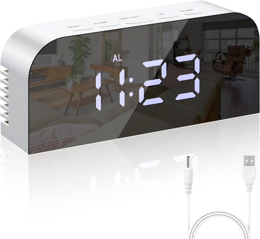 Ceas desteptator digital Vinabo cu oglinda, LED, ceas digital, noptiera, 2 niveluri de luminozitate, 12/24 ore, cu 2 porturi de incarcare USB, decor modern pentru casa sau dormitor, alb