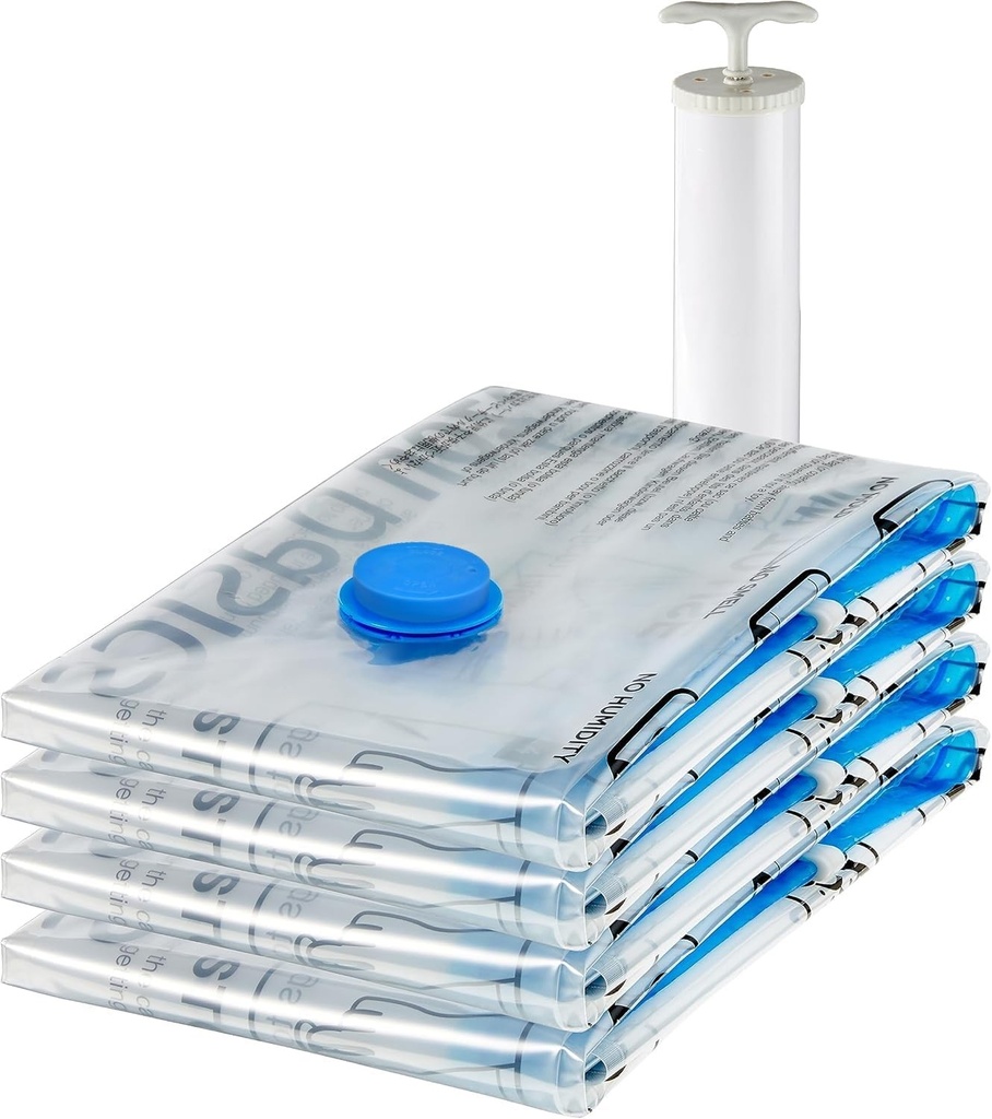Pungi de compresie vidate Amazon Basics, pungi de depozitare, cu pompa manuala, fermoar, marimea X-Jumbo, pachet de 4, pentru haine, transparente