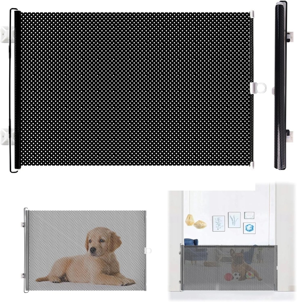 Tarc de joaca pentru caini, Poarta pentru caini, Poarta pentru scari, Incinta retractabila pentru siguranta animalelor mici, Plasa anti-ranire, Inaltime 40 cm, Lungime retractabila 125 cm, Versiune neagra