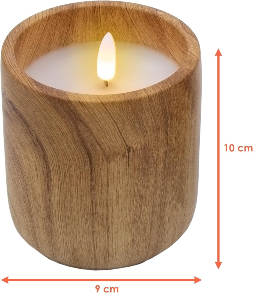 Lumanare LED Spetebo in Cupa Ceramica cu Aspect de Lemn 10 x 9 cm -Lumanare Decorativa cu Baterii si Functie de Temporizator - Lumina Ambientala Decorativa cu Flacara Artificiala cu Efect de Palpaire pentru Uz Interior