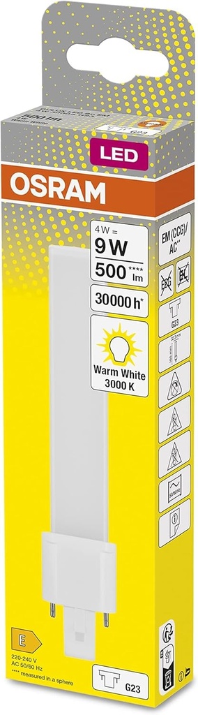 LED OSRAM DULUX S9 pentru soclu G23, 4,5 wati, 450 lumeni, alb cald (3000K), ca inlocuitor pentru un bec Dulux conventional de 9W