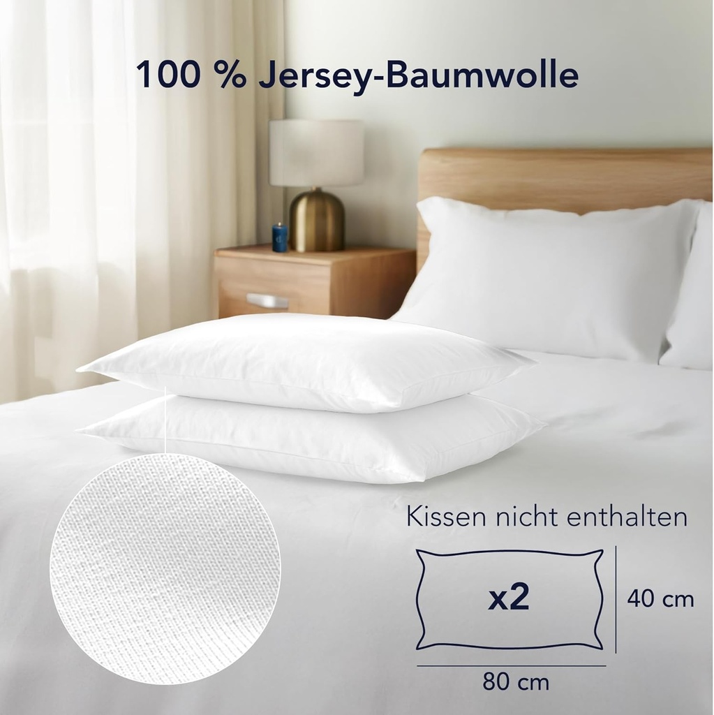 Fata de perna Dreamzie 40 x 80 cm (Set de 2) - 100% bumbac Jersey 150 g/m² - Alb - Pentru perne 40 x 80 cm - Fata de perna - Fata de perna - Rezistenta si hipoalergenica