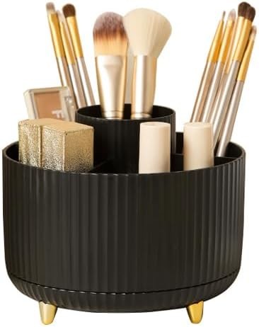Organizator de machiaj cosmetic Nuangoo, organizator de perii rotativ la 360°, raft pentru cosmetice, organizatoare de cosmetice pentru decorul camerei, masuta de toaleta, dormitor, baie (negru)