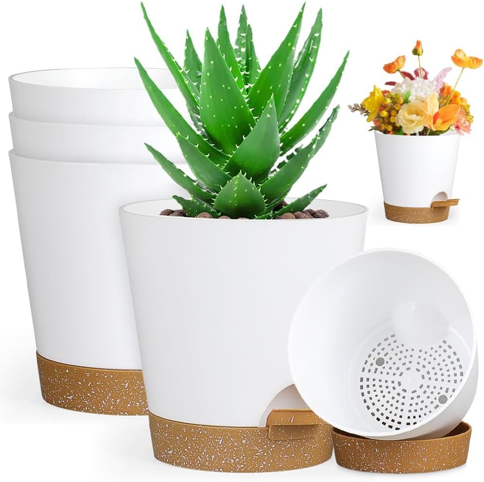 Set de 6 ghivece cu auto-udare, Ø 15,2 cm, ghivece cu sistem de udare, ghiveci cu auto-udare, jardiniera cu auto-udare si farfurie, ghiveci din plastic pentru flori pentru interior si balcon