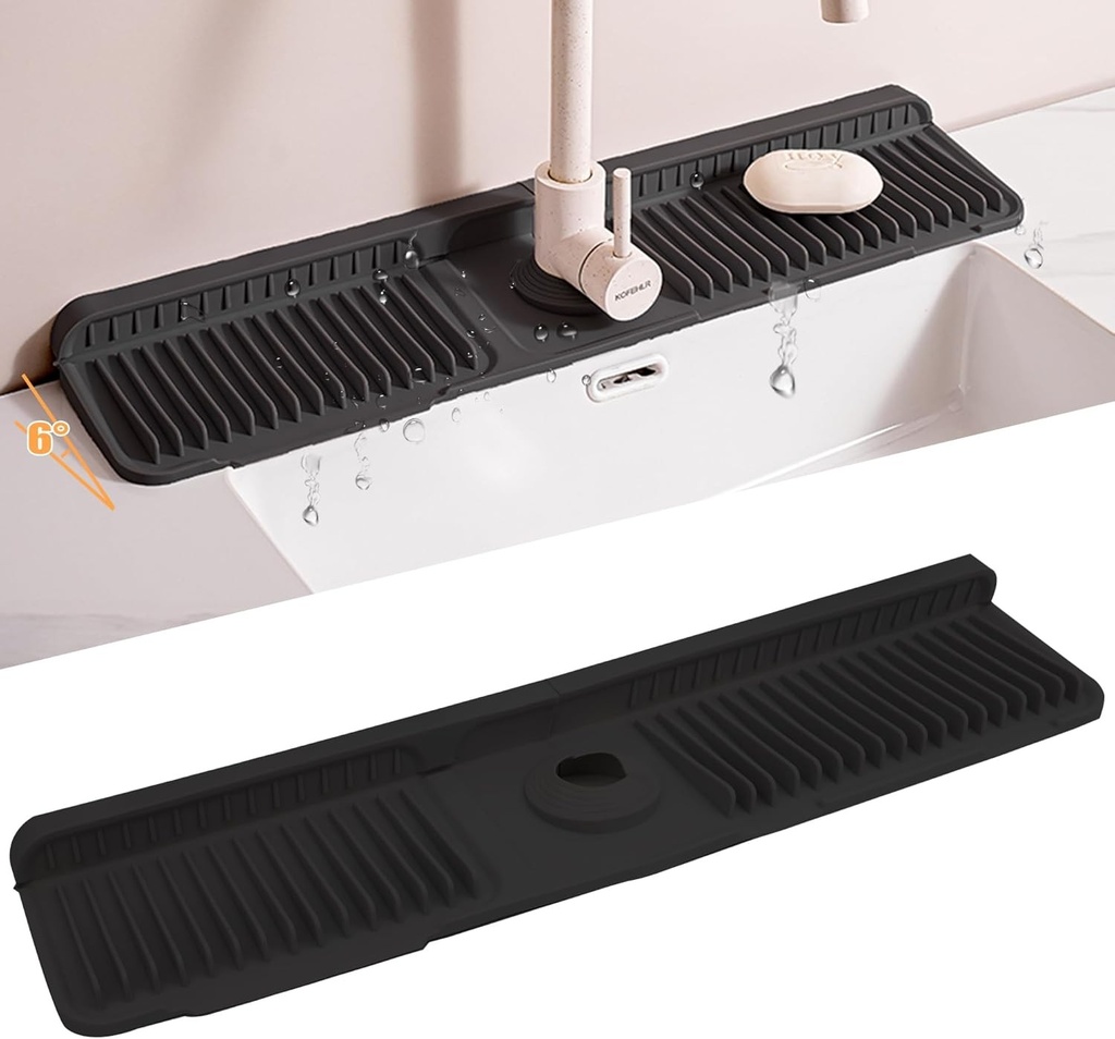 Volminex Covoras Silicon pentru Robinet, Protectie Anti-Stropire pentru Chiuveta de Bucatarie, Tava Anti-Picurare pentru Robinet, Covoras de Uscare pentru Blatul de Bucatarie si Baie (Negru, 60 cm)