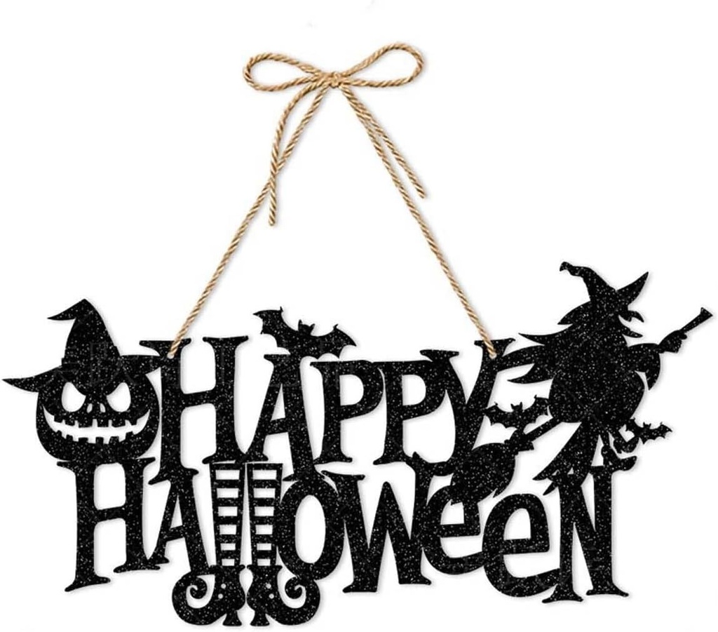 Semn decorativ de Halloween cu craniu de vrajitoare, semn de usa de Halloween cu snur, decor de petrecere pentru interior sau exterior, Halloween fericit pentru terasa, sufragerie, usa, perete (C)
