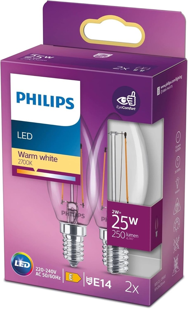 Bec Philips LED Classic E14, 25 W, forma de lumanare, transparent, alb cald, pachet dublu