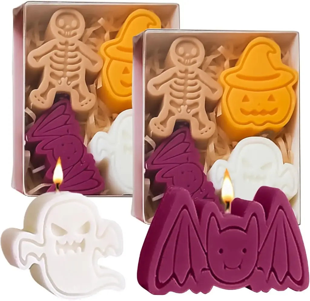 Lumanari parfumate de Halloween, pachet de 8, ceara naturala de soia, timp de ardere 12-18 ore, 4 stiluri dragute (dovleac, liliac, fantoma, schelet), cadou de aromaterapie, decor de Halloween pentru casa