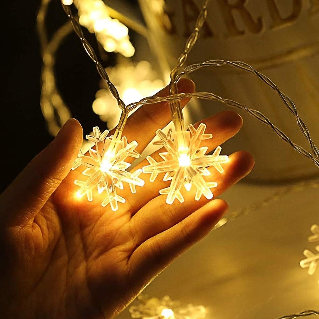 Sir de lumini cu fulgi de zapada, 6 m, 40 buc. LED, alimentat cu baterii, iluminat decorativ stralucitor pentru Ziua Indragostitilor, Craciun, nunta, ziua de nastere, petrecere, dormitor, interior si exterior (alb cald)