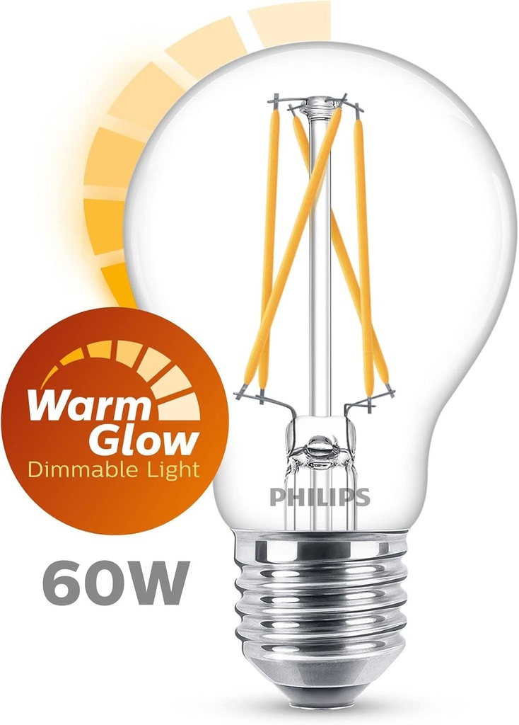 Lampa cu filament Philips LED Classic E27 Warm Glow (60 W), lampa LED cu intensitate reglabila si lumina alba calda, lampa economica cu durata lunga de viata