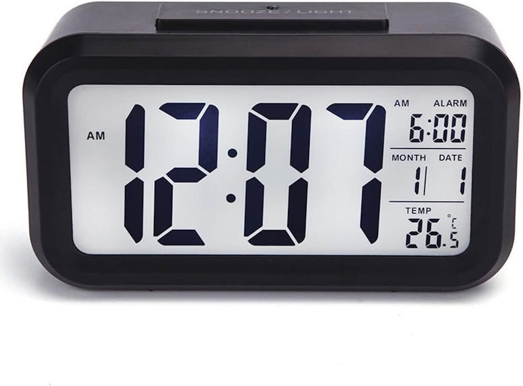Ceas desteptator digital DTL, afisaj LED cu temperatura, afisaj LCD cu cifre mari, afisaj LCD cu iluminare din spate, senzor de luminozitate inteligenta pentru dormitor, acasa, birou si calatorii