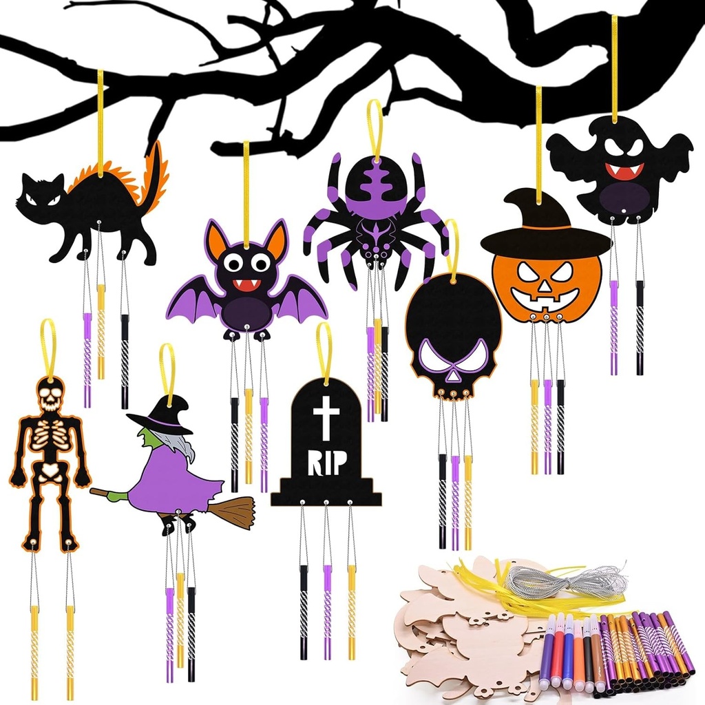 Mispudin Kit de 12 clopotei de vant de Halloween, artizanat din lemn de Halloween, obiecte decorative, inclusiv pictura cu paianjeni, fantome, schelete si dovleci, kit de artizanat pentru pictat, cadouri, petrecere infricosatoare