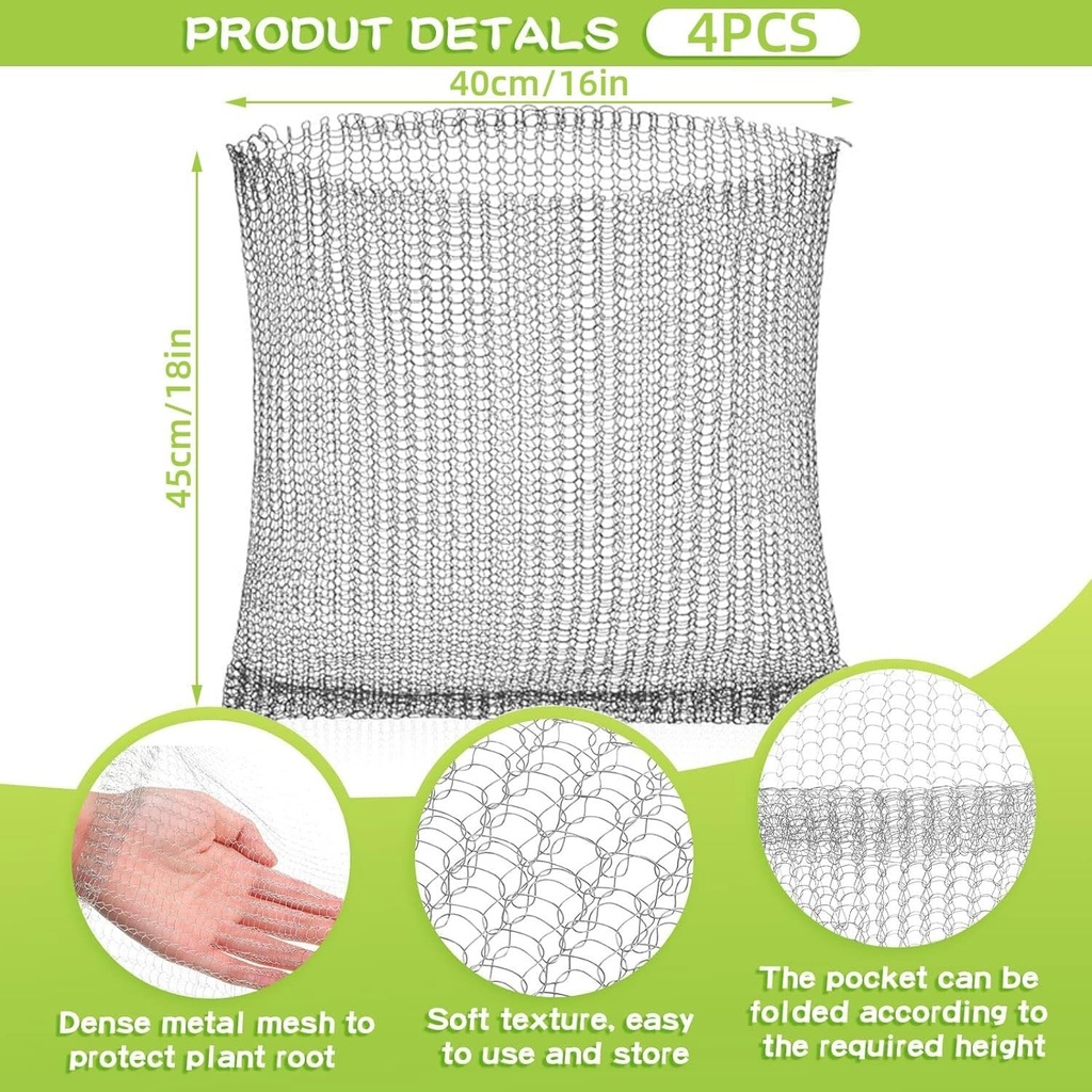 Cosulet de protectie pentru radacini de soarece, 4 buc., protectie pentru radacini de plante, otel inoxidabil, reutilizabil, 45x40cm, protectie sigura pentru soarece, rezistenta la rugina, rezistenta la coroziune, pentru protejarea radacinilor copacilor, florilor si legumelor