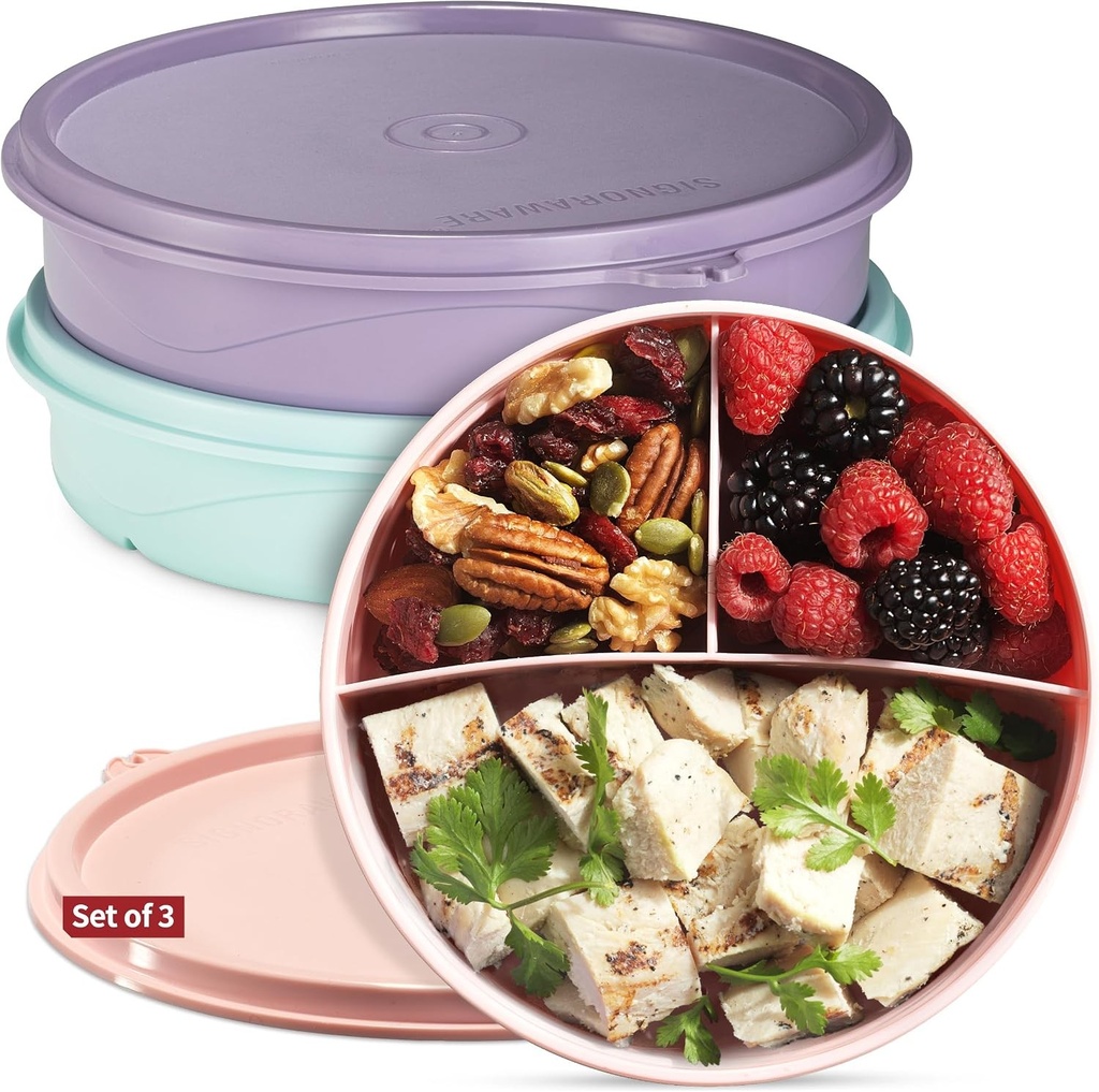 Recipiente pentru gustari, pachet de 3 – recipiente rotunde cu 3 compartimente pentru gustari pentru copii si adulti – recipiente stivuibile pentru depozitarea alimentelor cu capace – cutii pentru gustari pentru copii, fara BPA, lavabile in masina de spalat vase, pentru o singura portie