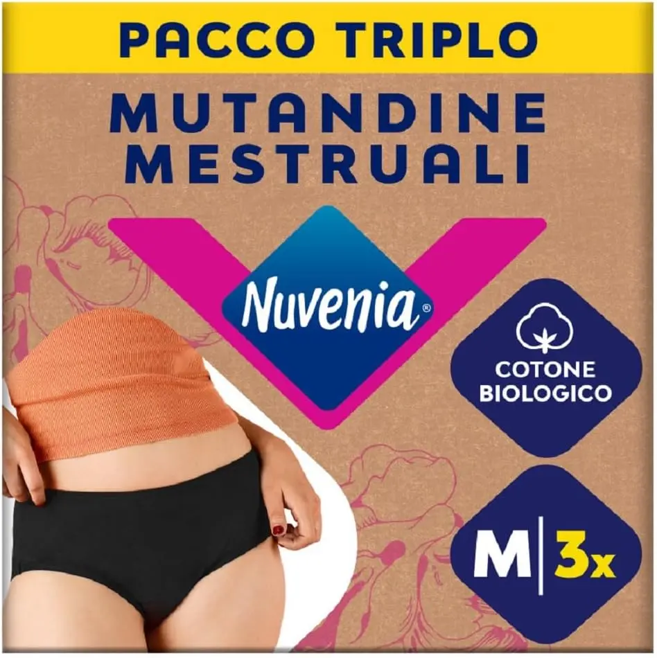 Nuvenia Intimawear, chiloti menstruali din bumbac organic, lavabili si reutilizabili pentru zi si noapte, flux moderat-abundent, culoare neagra, marimea M, pachet de 3