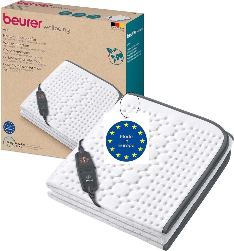 Patura incalzita Beurer UB 60 Green Planet, fabricata in Europa, partea superioara si inferioara din 80% material reciclat, moale si pufoasa, 150 x 80 cm, oprire automata, 4 setari de temperatura, lavabila