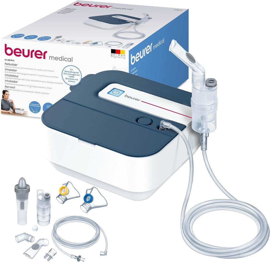 Inhalator Beurer IH 28 Pro, set nebulizator cu masti din silicon de inalta calitate si solutie de clatire nazala, performanta ridicata de nebulizare, dispozitiv de inhalare pentru terapie respiratorie, pentru copii si adulti