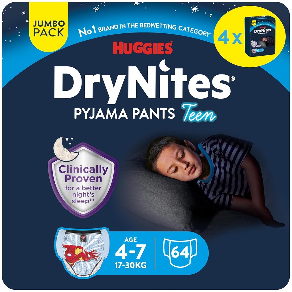 HUGGIES DryNites - Lenjerie intima ultra-absorbanta de noapte - Baieti 4-7 ani (17-30 kg) - 4 pachete a cate 16 chiloti - solutia ideala pentru copiii care uda patul