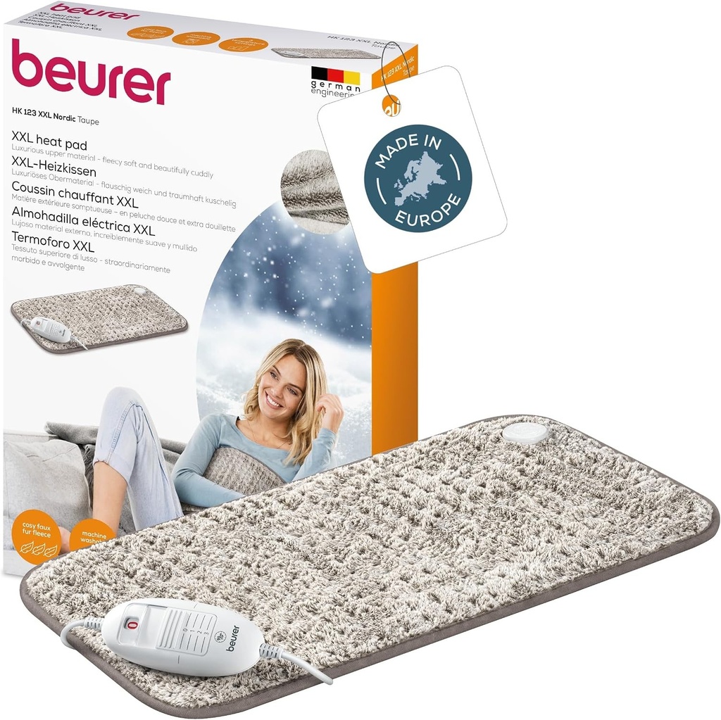 Perna incalzitoare Beurer HK 123 XXL Nordic, perna incalzitoare moale cu 3 setari de temperatura si oprire automata, lavabila la masina, fabricata in Europa, dimensiune XXL 60 x 30 cm, aspect de blana artificiala