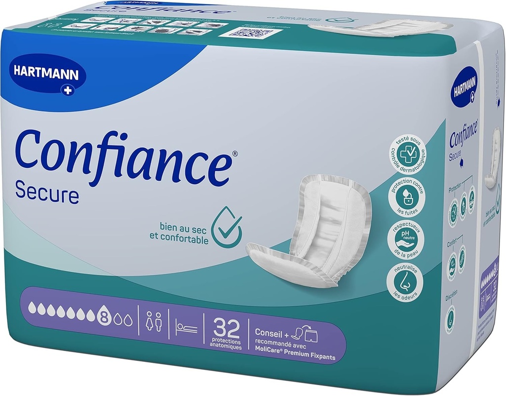 Confiance Secure - Absorbante Anatomice pentru Barbati si Femei - Nivel de Absorbtie = 8 picaturi (Scurgeri Urinare Abundente) - Material Moale - Alb - 32 Absorbante, Mari